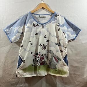 Uniform Advantage UA Scrubs Easter Bunny Butterfly Print Top Blue White XL